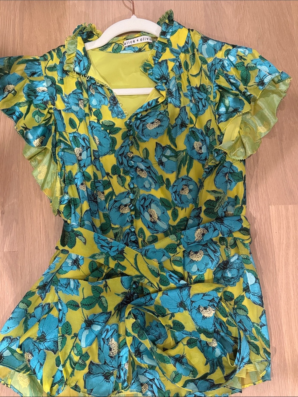 Alice + Olivia Yellow & Teal Floral Tie-Front Ruffle Blouse